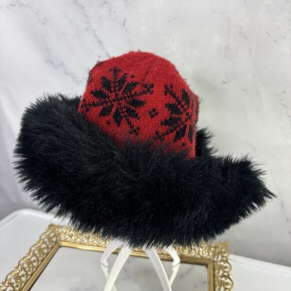 Vintage 70s Knit Russian Hat Women's Nordic Winter Beanie Red Black Faux Fur - Picture 9 of 13